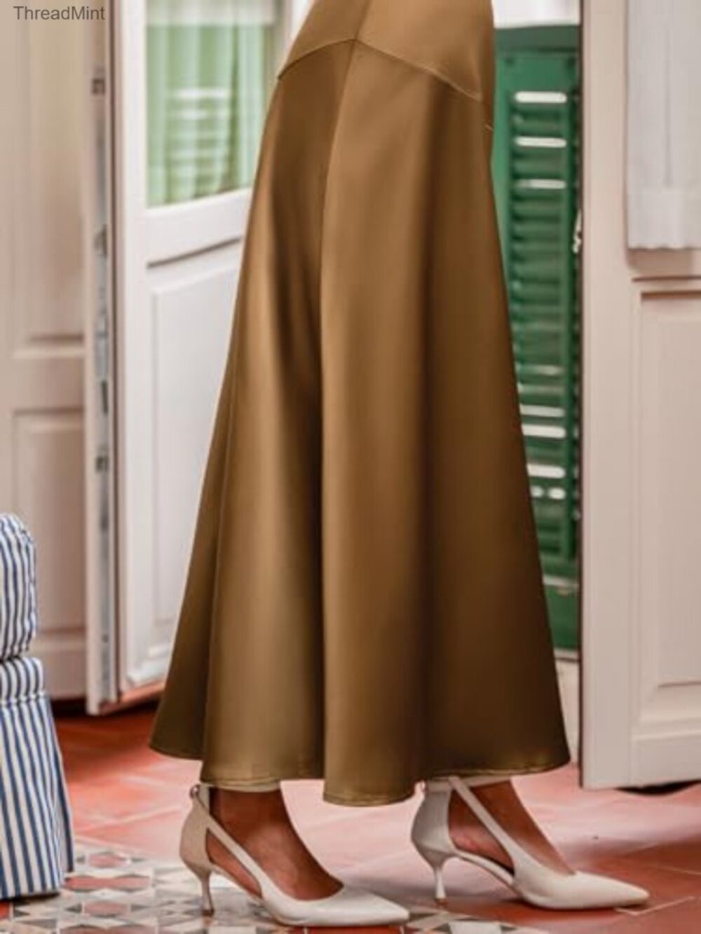 Satin Midi Skirt High Waisted A-Line Flowy Long Skirt Women - Picture 5 of 7